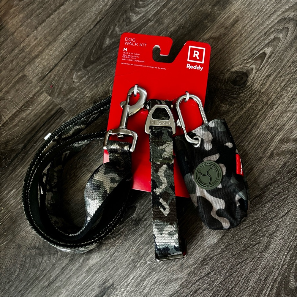 Reddy 3 Piece Camo Dog Walking Kit
• LEASH • COLLAR • WASTE BAGGIE DISPENSER •